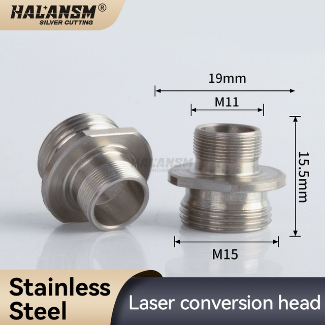 Close-up of M11 nozzle-side and M15 head-side threads on the HLN-AD-M11M15 adapter