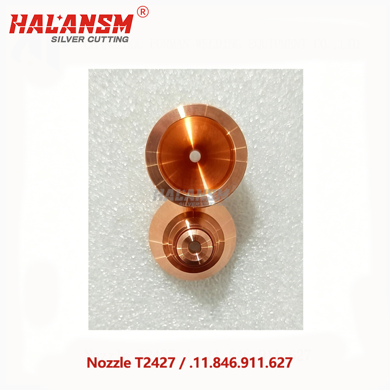 Top view of HALANSM T2427 nozzle showing precision-machined orifice for Kjellberg consumables