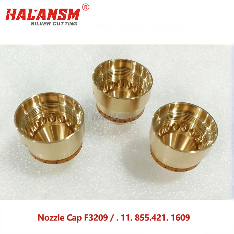Disassembled view of HALANSM Nozzle Cap F3209 showing separate body and insert for Kjellberg