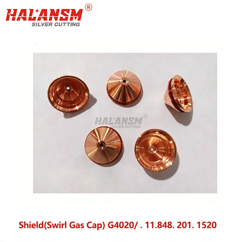 Close-up of HALANSM&reg; HLN-G4020 swirl gas cap showing precision-machined vortex gas channel and CrNi/steel body