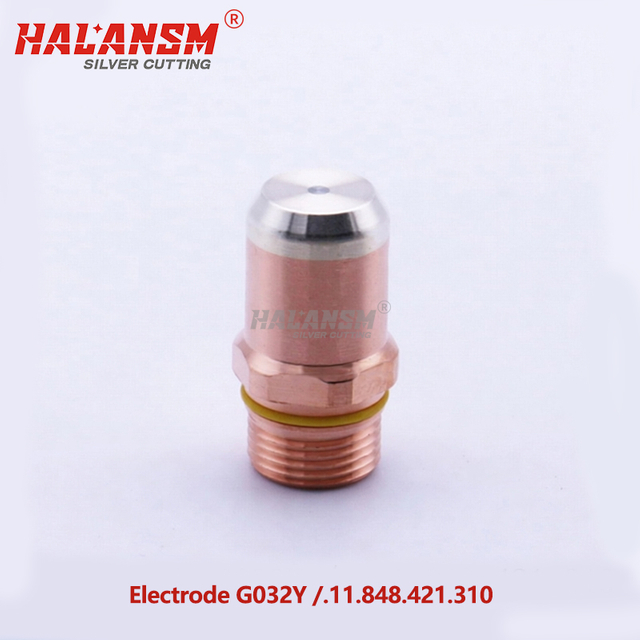 Close-up of HALANSM&reg; HLN-G032Y silver-bonded hafnium emitter tip showing mirror-polished surface and precise concentricity