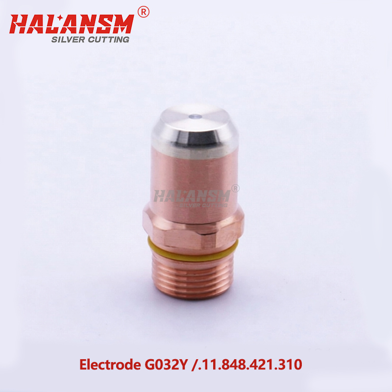 Close-up of HALANSM&reg; HLN-G032Y silver-bonded hafnium emitter tip showing mirror-polished surface and precise concentricity