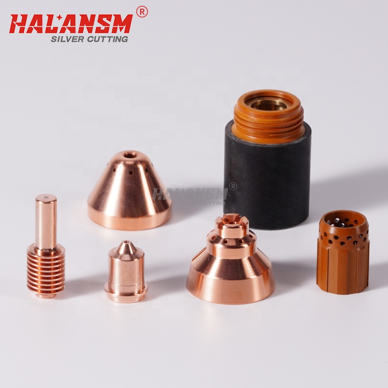 Complete set of Hypertherm Powermax 45 and 45A drag cutting consumables including shield cap 220674, nozzle 220671, electrode 220478, and swirl ring 220479 for handheld plasma torch systems.