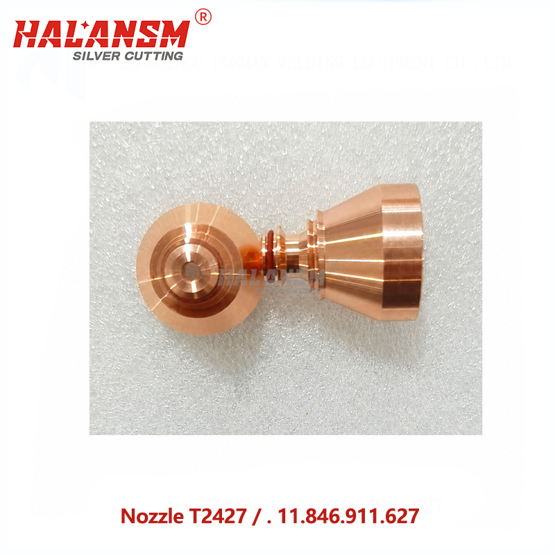 Bottom view of HALANSM T2427 copper nozzle, compatible with Kjellberg PB-S80 and PerCut 360