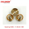 Angled view of HALANSM Nozzle Cap F3209 displaying exterior teeth and orange seal for Kjellberg 300-400A
