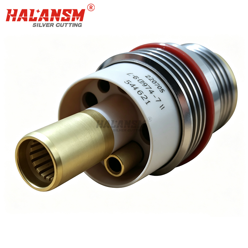 HALANSM 220705 receptacle coolant water tube ports side view, ensuring reliable cooling flow for Hypertherm HPRXD plasma torch
