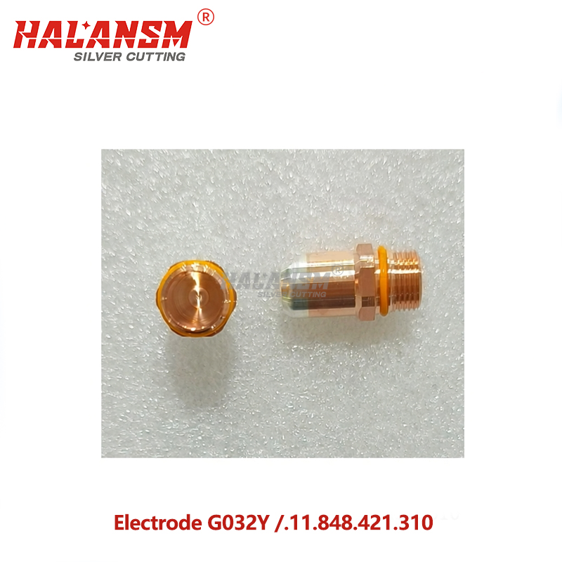 Complete HALANSM&reg; PerCut450M 280-400A consumable stack: G931Y cooling tube, G032Y electrode, G121 gas guide, G2330Y nozzle, G521 protective cap