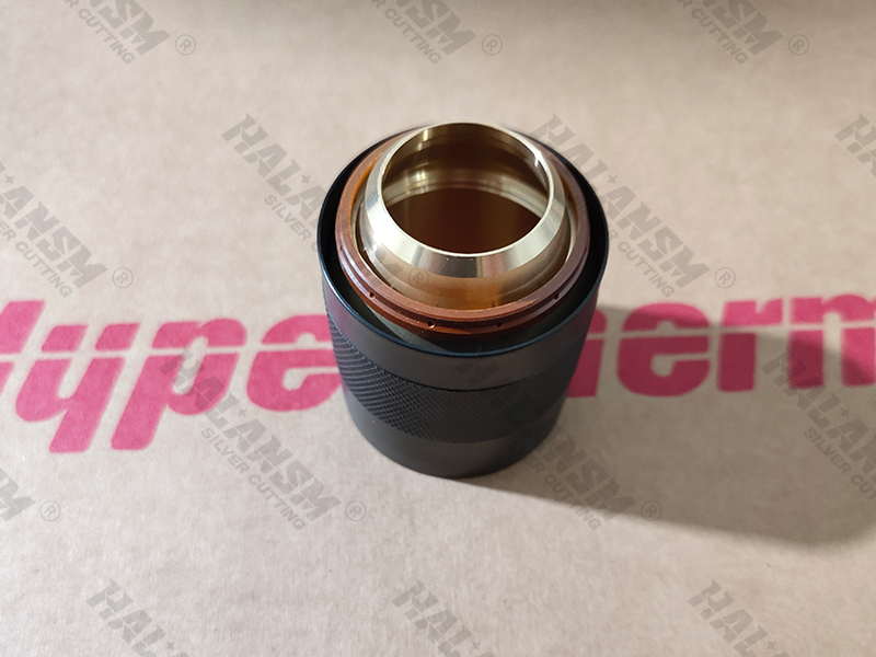 Side profile of HALANSM 220635 nozzle retaining cap showcasing the professional knurling pattern for secure manual handling and installation into HPR400XD plasma torch.