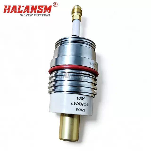 Close-up of HALANSM 220705 receptacle precision-machined copper contact pins and threaded collar for secure electrical connection on Hypertherm HPRXD torch