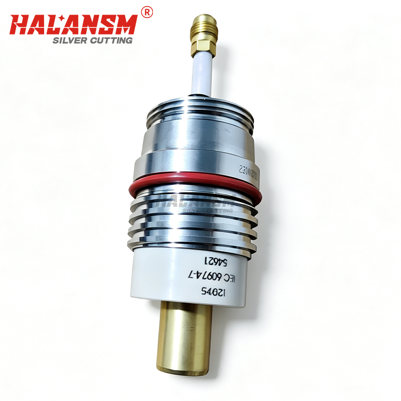 Close-up of HALANSM 220705 receptacle precision-machined copper contact pins and threaded collar for secure electrical connection on Hypertherm HPRXD torch
