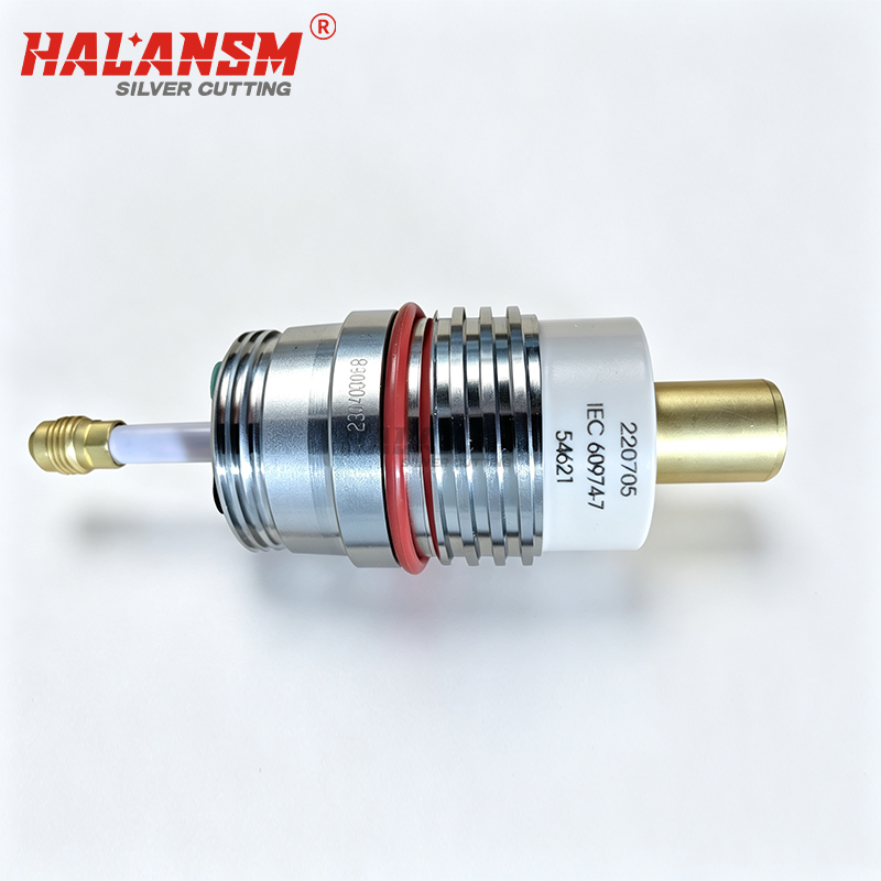 HALANSM 220705 quick disconnect receptacle front view, copper-bodied torch interface replacement for Hypertherm HPR130XD HPR260XD HPR400XD plasma cutting system