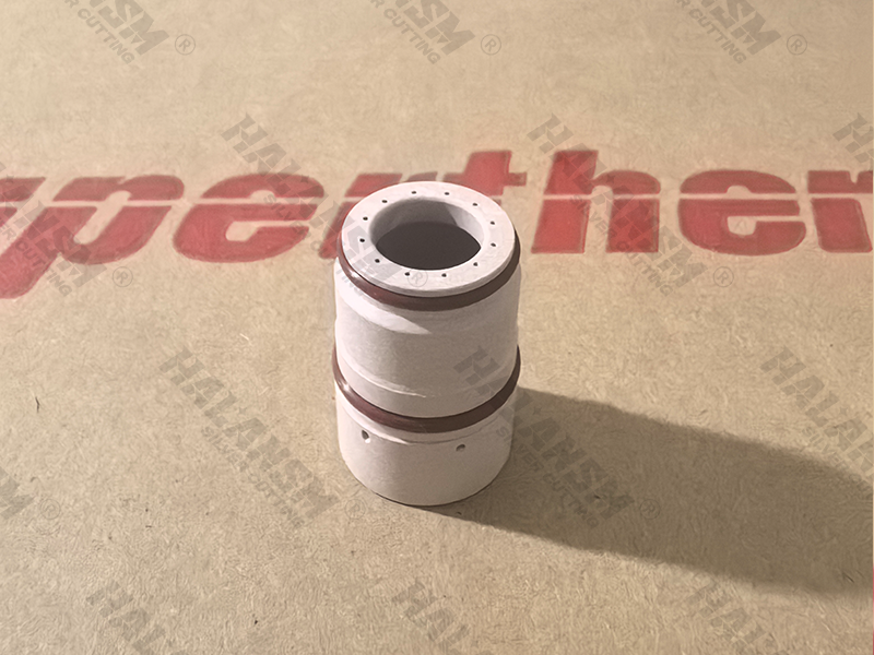 HALANSM 220631 400A swirl ring positioned within the complete HPR400XD bevel consumable stack: 220637 shield cap, 220636 shield, 220635 retaining cap, 220632 nozzle, 220631 swirl ring, 220629 electrode, 220571 water tube — for mild steel bevel cutting