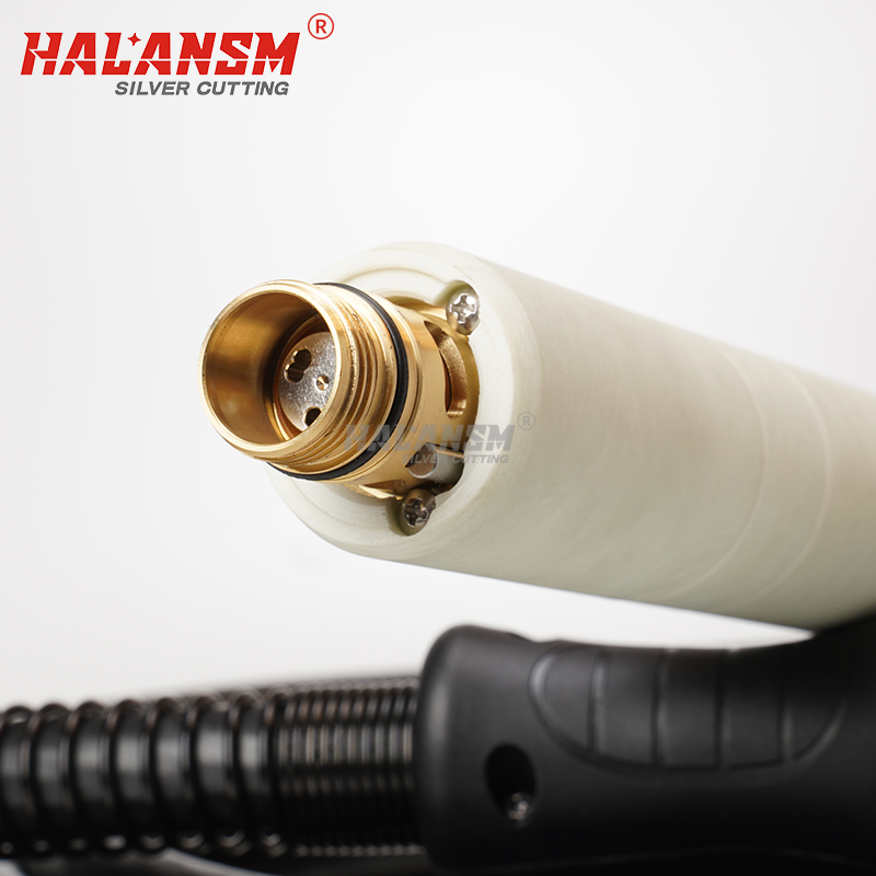 Ergonomic handle with red trigger and safety lever on HALANSM Powermax handheld torch