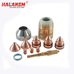 ESAB PT-36 plasma cutting torch consumables kit featuring copper nozzles, electrodes, shield cups, swirl rings, and retaining caps for industrial metal fabrication.