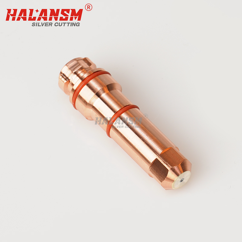 HALANSM 420249 Silver Core Electrode side view with O-rings for Hypertherm XPR 300 plasma torch
