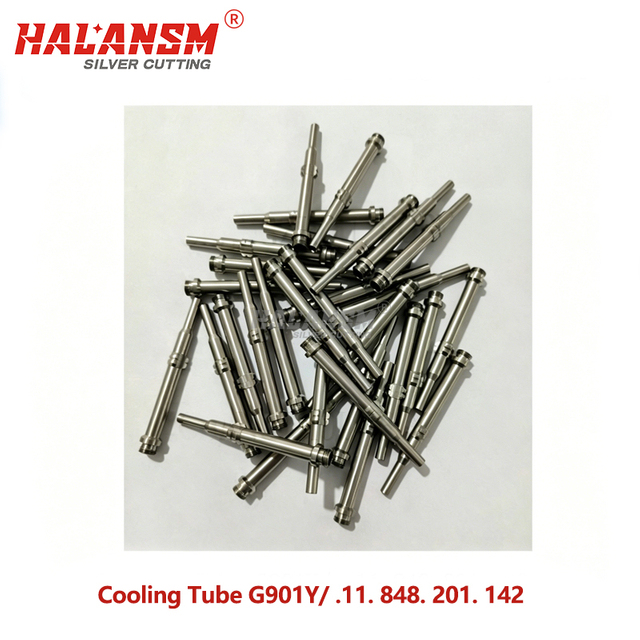 Close-up of HALANSM&reg; HLN-G901Y cooling tube thread and coolant channel showing precision-machined copper-silver alloy