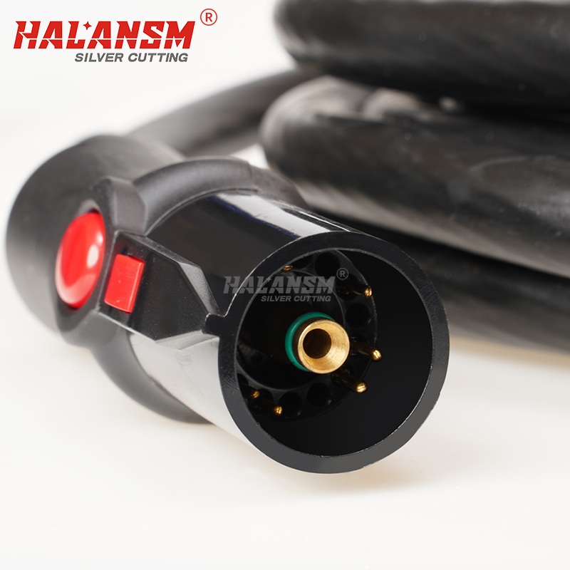 Bottom view of HALANSM Powermax 125 ATC Plasma Torch showing connector pins and trigger