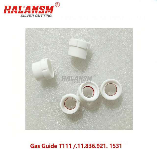 Side profile of HALANSM T111 gas guide showing vane channels and ceramic wall thickness for Kjellberg PA-S45W