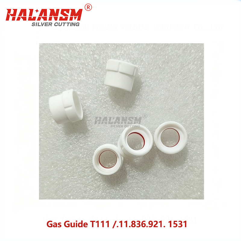 Side profile of HALANSM T111 gas guide showing vane channels and ceramic wall thickness for Kjellberg PA-S45W