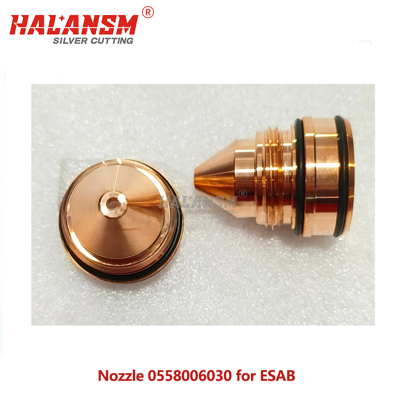 Close-up of 3.0mm precision orifice on HALANSM 0558006030 nozzle for ESAB PT36