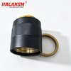Side-by-side comparison of HALANSM 220757 200A nozzle retaining cap versus generic aftermarket retaining cap, showing superior copper alloy and high-strength polymer construction, thread precision and seating surface concentricity for Hypertherm HPR130XD HPR260XD HPR400XD