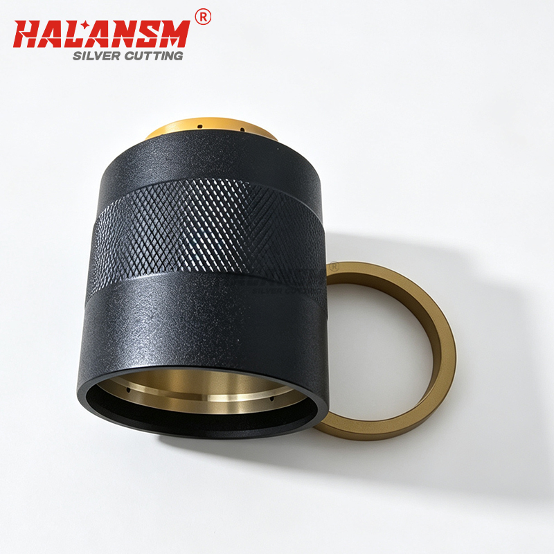 Side-by-side comparison of HALANSM 220757 200A nozzle retaining cap versus generic aftermarket retaining cap, showing superior copper alloy and high-strength polymer construction, thread precision and seating surface concentricity for Hypertherm HPR130XD HPR260XD HPR400XD