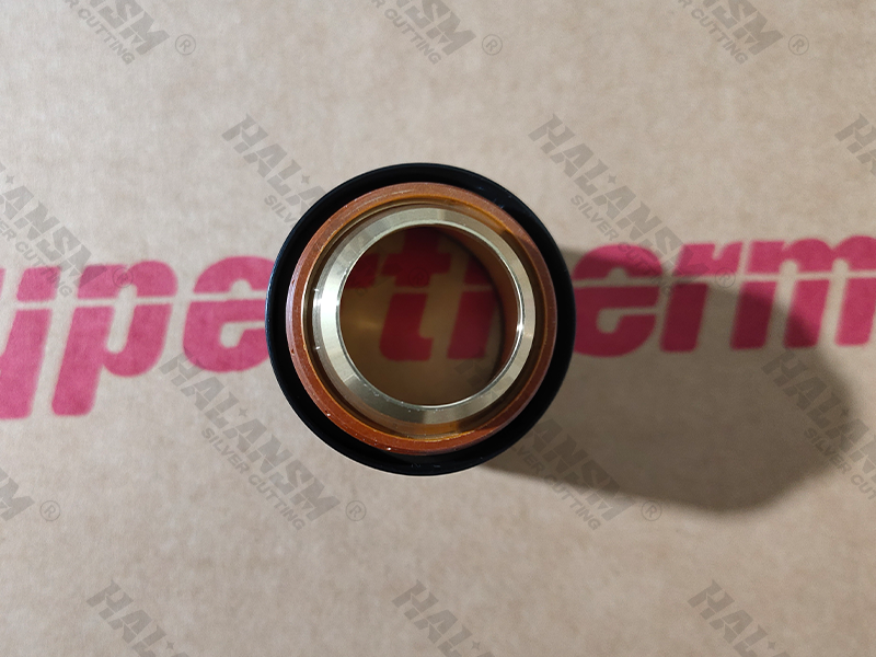 Top-down macro shot of HALANSM 220635 retaining cap highlighting precision-machined Viton O-ring groove and internal thread details for Hypertherm HPR400XD.