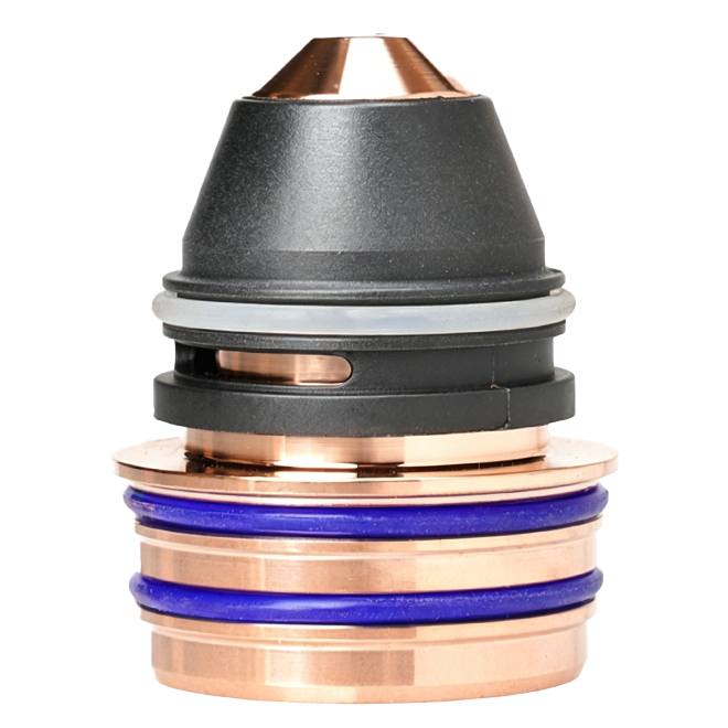 Halan plasma cutting nozzle featuring high spray hole concentricity for precise arc focus, resulting in clean, smooth metal cuts with no burrs or dross.