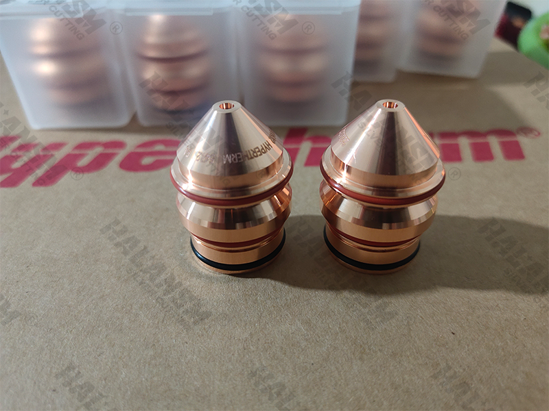 Angled close-up of HALANSM 220632 nozzle with pre-installed O-rings, ready for assembly into a Hypertherm HPR400XD 400A bevel cutting torch.