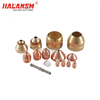 HALANSM Kjellberg compatible plasma cutting consumables set featuring Silver Cutting mirror finish nozzles, electrodes, and swirl rings for high-definition metal cutting.