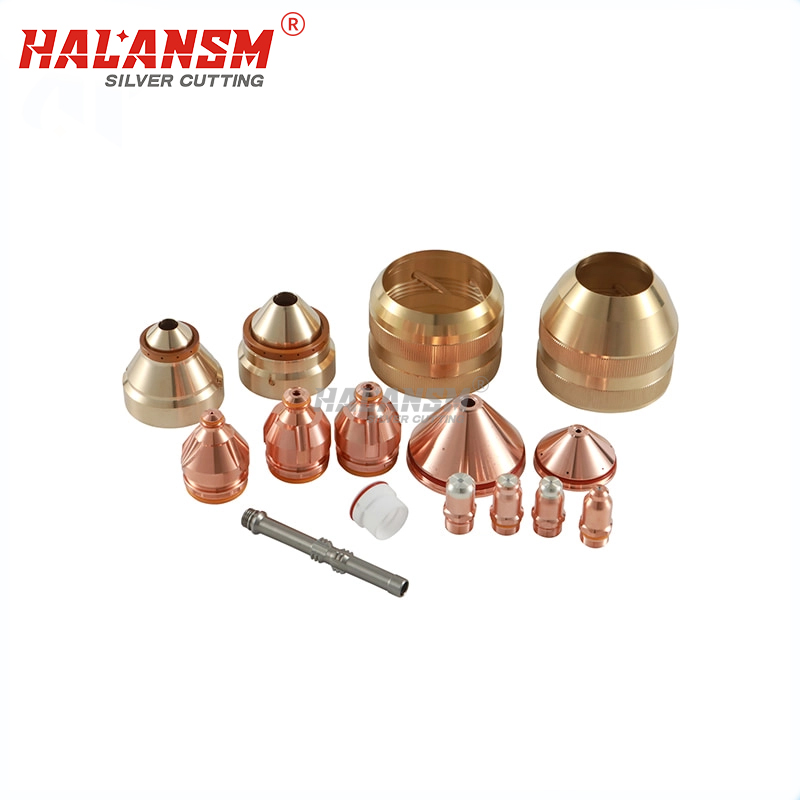 HALANSM Kjellberg compatible plasma cutting consumables set featuring Silver Cutting mirror finish nozzles, electrodes, and swirl rings for high-definition metal cutting.