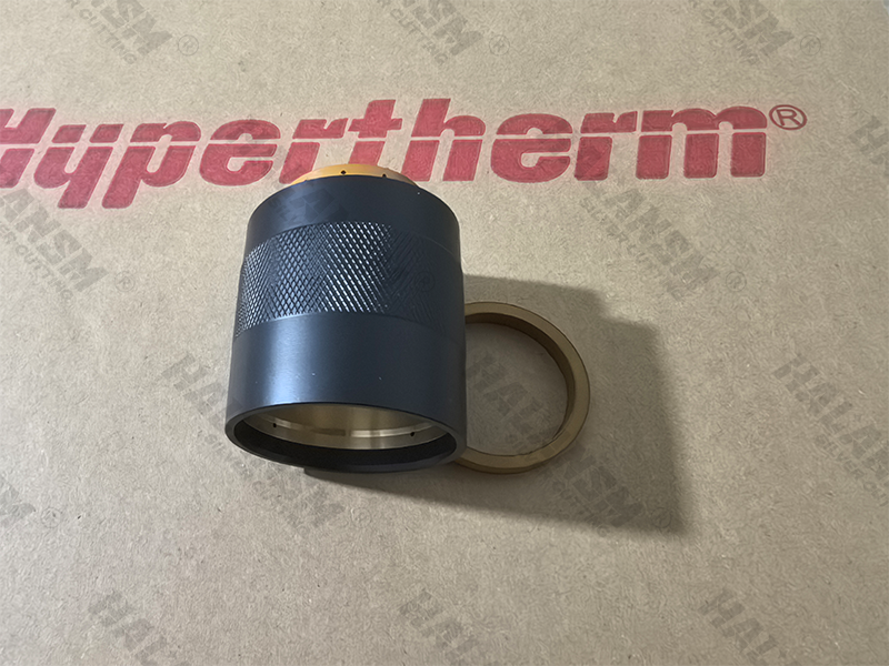  High-resolution studio shot of the HALANSM 220760 Nozzle Retaining Cap, showcasing its precision-machined threads and premium black oxide finish for HPR260XD applications.