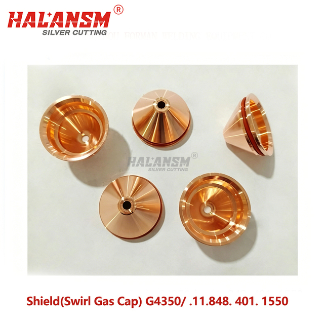 Close-up of HALANSM&reg; HLN-G4350 swirl gas cap showing precision-machined vortex gas channel and &Oslash; 5.0mm bore