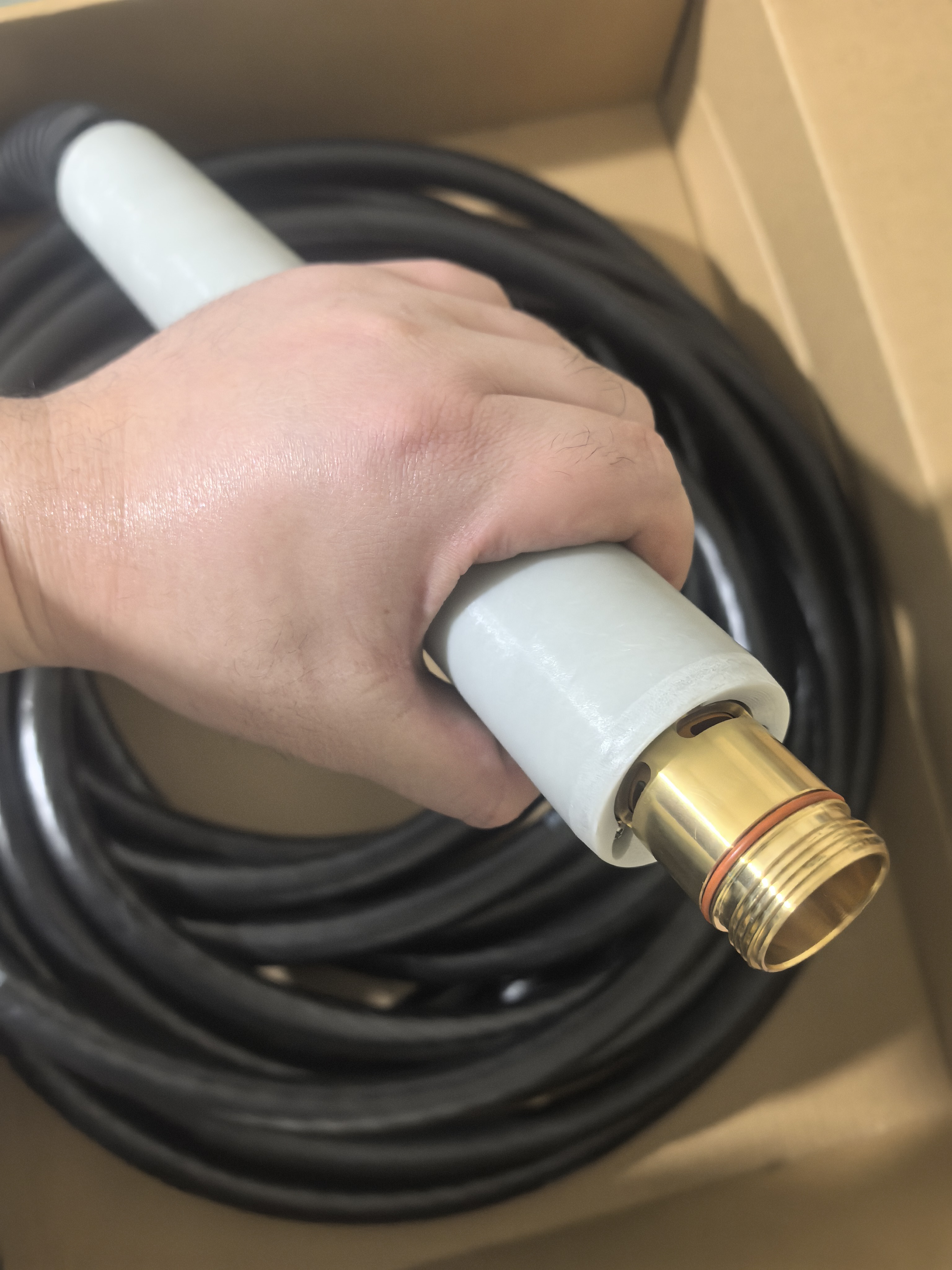 HALANSM Powermax 125 ATC Plasma Torch coiled with cable inside retail packaging box