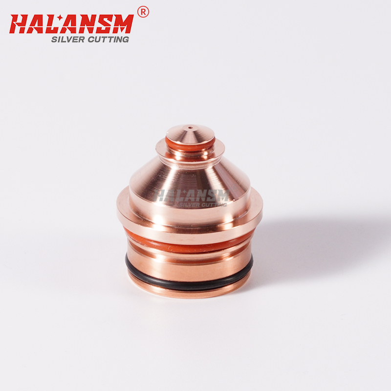 HALANSM 220554 copper nozzle angled view with o-ring, precision-machined plasma cutting consumable for Hypertherm HPR130XD HPR260XD HPR400XD 50A
