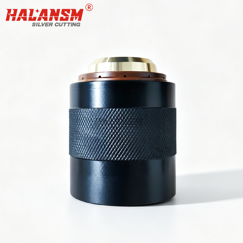HALANSM 220635 nozzle retaining cap positioned with 220629 electrode 220631 swirl ring 220632 nozzle for Hypertherm HPR400A bevel cutting stack