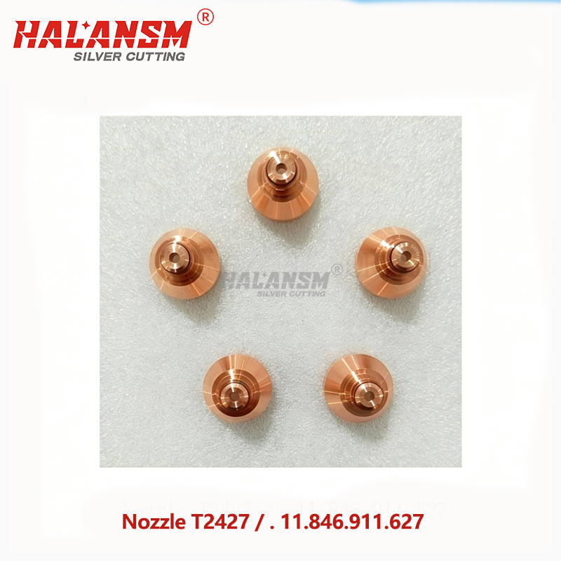 Detailed view of HALANSM T2427 stacked nozzles showing mirror finish and 2.7mm orifice