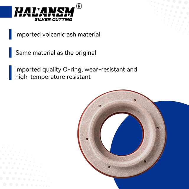 HALANSM 220180 swirl ring volcanic ash ceramic material close-up, compared with generic swirl ring for Hypertherm HPR 30A plasma torch